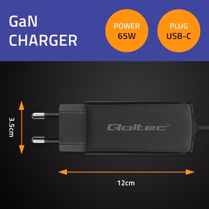 Qoltec 52419 65W GaN supergreitas įkroviklis | 5-20V | 3-3.25A | USB-C 3.1