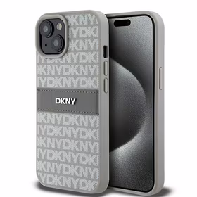 DKNY Odinis mono juosta ir metalinis logotipas dėklas telefonui iPhone 15 Plus / 14 Plus - smėlio