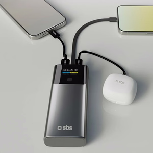 SBS 10000mAh PD 20W išorinė baterija su LCD ekranu ir įmontuotu USB-C kabeliu - pilka