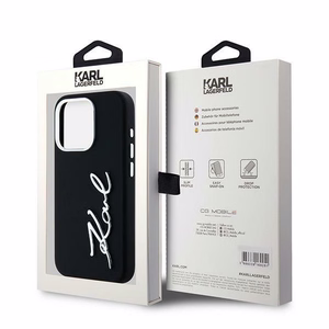 Karl Lagerfeld silikoninis metalinis scenarijaus logotipas dėklas telefonui iPhone 15 Pro Max - juodas