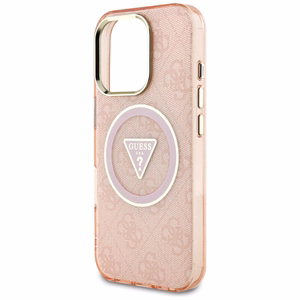 Guess IML Metal Glitter 4G Circle Triangle Magnetinis dėklas telefonui iPhone 16 Pro - rožinis