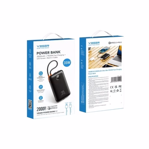 Veger K2 (W2068) 20000 mAh powerbank'as 35W PD QC3.0 su integruotais USB-C ir Lightning laidais, juodas