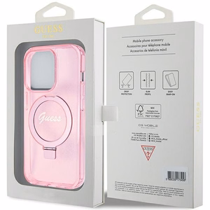 Guess dėklas telefonui su stovu Ring Stand Script Glitter magnetinis iPhone 15 Pro - rožinis
