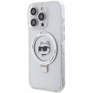 Karl Lagerfeld KLHMP15LHMRSCHH iPhone 15 Pro 6.1" baltas/baltas kietas dėklas su žiediniu stovu Choupette Galva Magnetinis