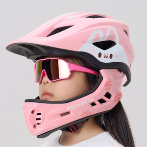 Rockbros TT-32002 Rabbit vaikiškas dviratininko šalmas su nuimama smakro apsauga, M dydis (54-58) - rožinis