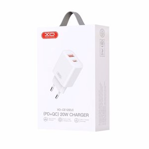 XO sieninis įkroviklis CE12 PD QC 3.0 20W 1x USB 1x USB-C baltos spalvos