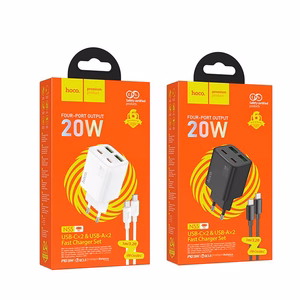 Įkroviklis telefonui Hoco 2 x USB C + 2 x USB A QC3.0 PD 3A 20W + kabelis USB C į USB C N55 balta