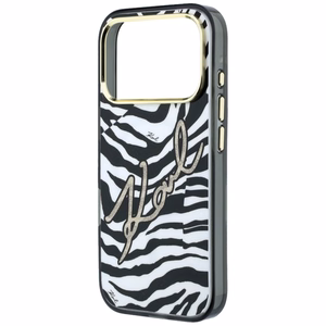 Karl Lagerfeld IML Signature Zebra Glitter MagSafe dėklas, skirtas iPhone 17 Pro / 18 Pro – auksinis