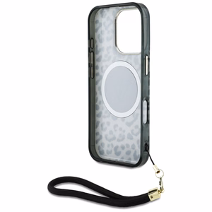 Guess HC IML leopardas trikampio virvelės dirželis MagSafe dėklas iPhone 16 Pro - juodas