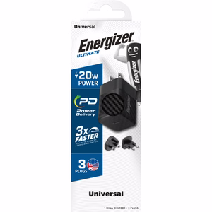 Energizer Ultimate A20MU GaN kelioninis tinklo įkroviklis su EU / UK / US kištukais, USB-C, 20 W PD, juodas