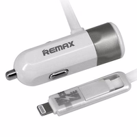 REMAX automobilinis įkroviklis RCC-102 - USB - 3,4A su 2 in 1 kabeliu Micro USB, Lightning sidabrinis
