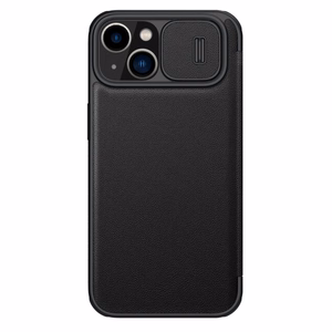 Nillkin Qin odinis dėklas iPhone 14 Plus su kameros dangteliu ir dėklu juodas