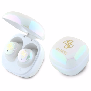 Guess Bluetooth ausinės GUTWSJ144ESH TWS + įkrovimo stotelė baltos/baltos perlamutrinės 4G spausdintas logotipas