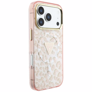 Guess IML Leopard Glitter Triangle Logo MagSafe dėklas, skirtas iPhone 17 Pro Max / 18 Pro Max – spalva: rožinė