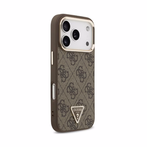 Dėklas Guess PU Leather 4G Strass Triangle Logo Gold Frame MagSafe Apple iPhone 18 Pro rudas