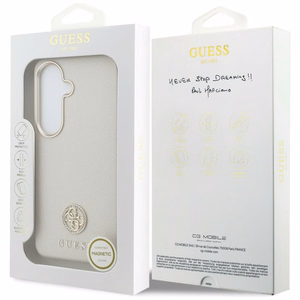 Guess dėklas Rhinestone Round Logo MagSafe skirtas Samsung Galaxy S26 smėlio spalvos