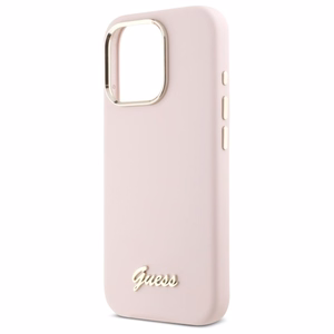 Guess Silikoninis Užrašas Metalinis Logotipas ir Rėmelis Dėklas telefonui iPhone 16 Pro Max - rožinis