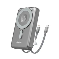 Dudao K29 10000mAh PD 20W Magnetinė išorinė baterija su metaliniu dėklu, stovu ir įmontuotais USB-C/Lightning kabeliais - pilka