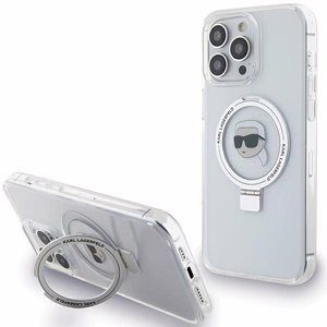 Karl Lagerfeld KLHMP15LHMRSKHH iPhone 15 Pro 6.1" baltas/baltas kietas dėklas su žiediniu stovu Karl Head Magnetinis