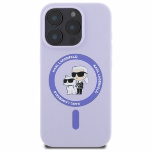 Dėklas telefonui Karl Lagerfeld Silikoninis Karl&Choupette Heads Ring MagSafe iPhone 16 Pro - violetinis