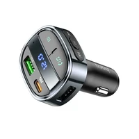 Automobilinis įkroviklis Hoco USB A + USB C PD QC3.0 5A 30W su skaitmenine indikacija + siųstuvas FM BT E70 obsidianinis juodas