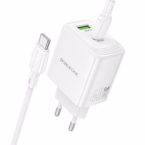 Borofone sieninis įkroviklis BN30 Cargador GaN - USB + Type C - QC 3.0 PD 45W su Type C į Type C kabeliu baltas