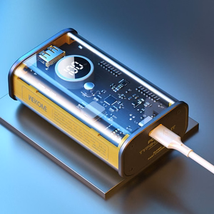 WEKOME WP-345 Vanguard Series išorinė baterija, 10000 mAh, PD 20 W + QC 22,5 W, su integruotais USB-C ir Lightning laidais, geltona