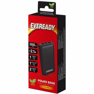 Eveready PX20B išorinė baterija, 20000 mAh, 2 × USB-A, juoda