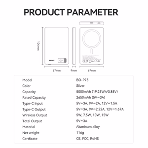 BWOO aluminium magnetic išorinė baterija P75 PD 20W 5000 mAh with digital display and USB-C port sidabrinis