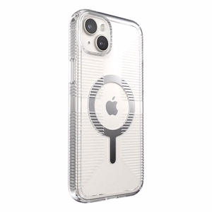 Speck GemShell Grip MagSafe dėklas, skirtas iPhone 15 Plus / 14 Plus, skaidrus su chromo spalvos akcentais