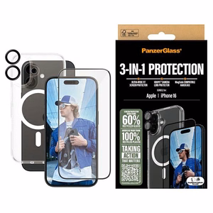 PanzerGlass Rinkinys 3in1 iPhone 16 6.1 D3O kietasis dėklas + Apsauginis stiklas UWF+ Objektyvo apsauga B1291+2861+1283