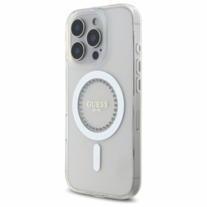 Guess IML Rhinestones magnetinis dėklas telefonui iPhone 16 Pro - baltas