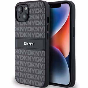 DKNY odinis mono juostelės ir metalinis logotipas dėklas iPhone 15/14/13 - juodas