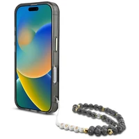 Guess Dėklas telefonui iPhone 16 su MagSafe – palmių medžių motyvas, trikampio formos perlų dirželis, juodas