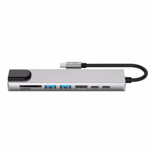 Tech-Protect HB09 USB šakotuvas 8in1 TYPE-C + USB-A 3.0 + USB-C 3.0 + HDMI 4K 60HZ + SD/TF + PD100W + RJ45 1000 MB/S - pilkas