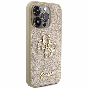 Guess Glitter Script Big 4G dėklas telefonui iPhone 15 Pro – auksinis