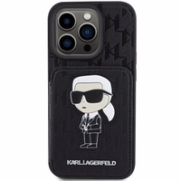 Karl Lagerfeld Saffiano kortelių lizdai ir stovas monograma Ikonik pleistras dėklas iPhone 15 Pro - juoda