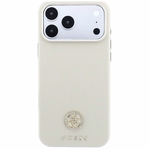 Guess Grained Round Strass Logo MagSafe dėklas iPhone 18 Pro Max / 17 Pro Max – smėlinis