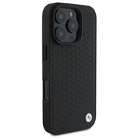 BMW ženklas odinis deimantinis metalinis logotipas magnetinis iPhone 16 Pro dėklas - juodas