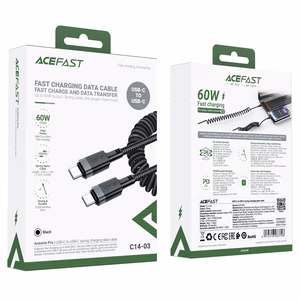 "Acefast" C14-03 USB-C - USB-C spyruoklinis kabelis 480Mb/s 3A 1,2 m - juodas