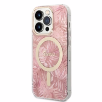 Rinkinys Guess GUBPP14LHJEACSP Dėklas+ Įkroviklis iPhone 14 Pro 6,1" rožinis hard dėklas Jungle MagSafe