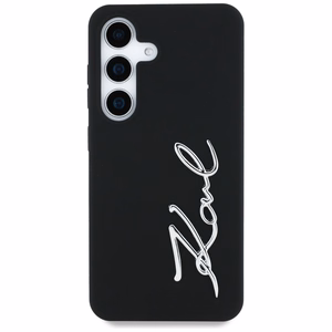 Karl Lagerfeld silikoninis metalinis parašo logotipas Samsung Galaxy S25 dėklas juodas