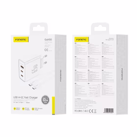 FONENG tinklo įkroviklis Gan50-EU GaN PD 65W 2xUSB-C + 1xUSB QC3.0 + laidas USB-C - USB-C baltas