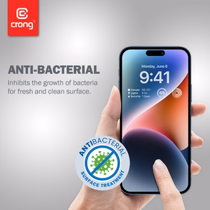 Crong Anti-Bacterial 3D Armor Glass 9H visą ekraną dengiantis grūdintas apsauginis stiklas, skirtas iPhone 14 Pro, su montavimo rėmeliu