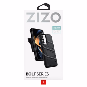 ZIZO BOLT Series šarvuoto dėklo rinkinys, skirtas Samsung Galaxy S23+, su 9H ekrano stiklu, integruota atrama ir prie diržo segamu laikikliu, juodas