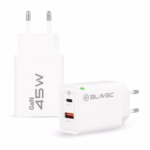 Blavec sieninis įkroviklis BC-5 GaN - USB + Type C - PD QC 45W 3A (TCBC5G-UCW453A) baltas