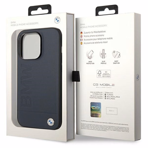 Dėklas telefonui BMW BMHMP14XSLLNA iPhone 14 Pro Max 6.7 - mėlynas odinis karšto štampavimo MagSafe