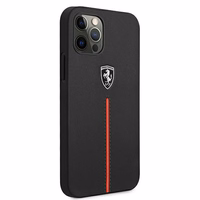 Ferrari FEOMSHCP12LBK iPhone 12 Pro Max juodas/juodas kietas dėklas Off Track Leather Nylon Stripe