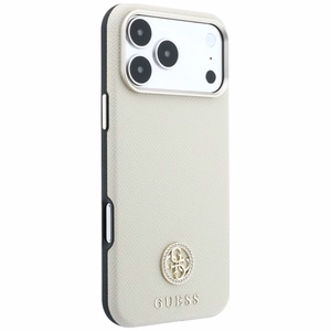 Guess Grained Round Strass Logo MagSafe dėklas iPhone 18 Pro Max / 17 Pro Max – smėlinis