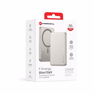 Forcell F-Energy Slim F5K9 išorinė baterija, suderinama su MagSafe, 5000 mAh, 15 W, QC 4.0, PD 3.0, Cloud Dancer